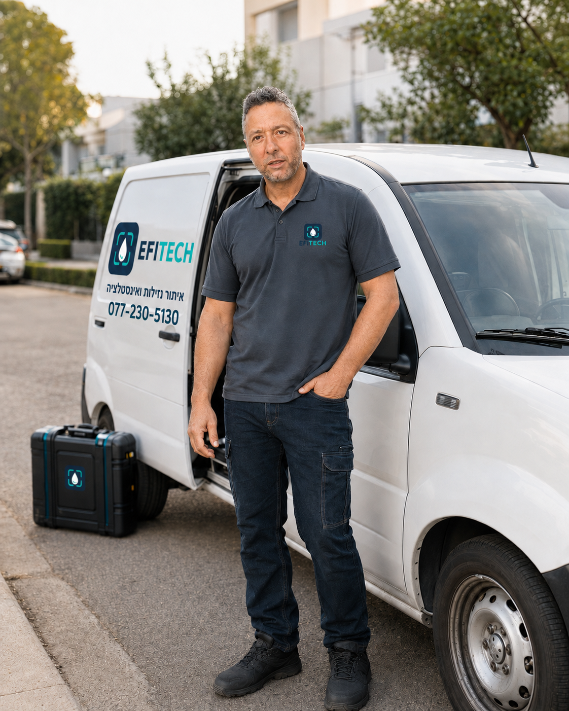אפי, הבעלים של EFITECH, עומד ליד רכב השירות הממותג עם מזוודת ציוד האיתור